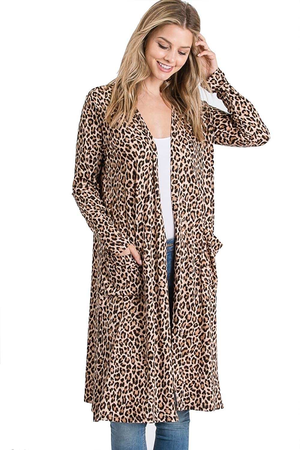 Upsoelle Animal Print Long Sleeve Kimono Cardigan Sweater with Pockets (M, Cheetah)