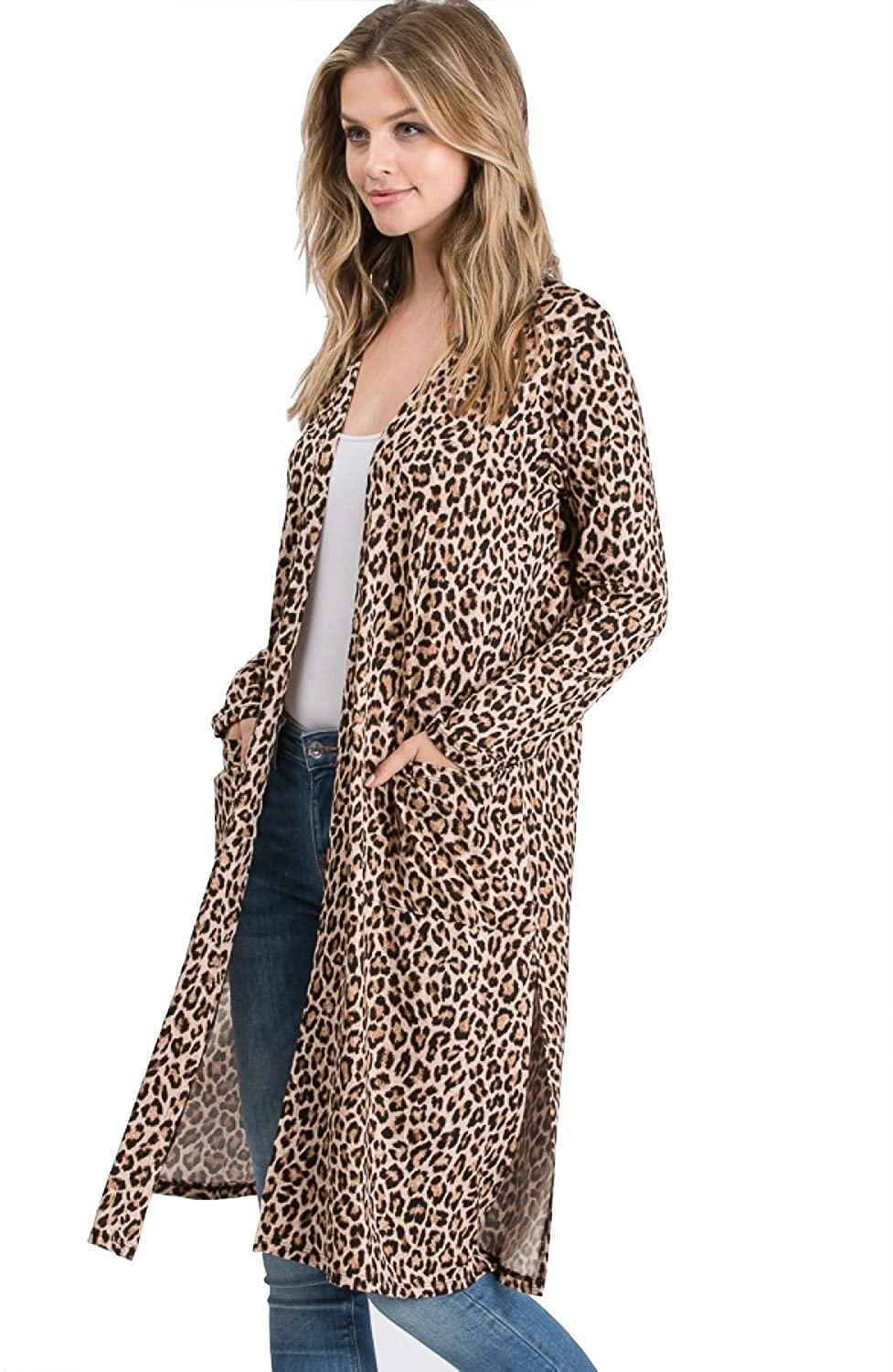 Upsoelle Animal Print Long Sleeve Kimono Cardigan Sweater with Pockets