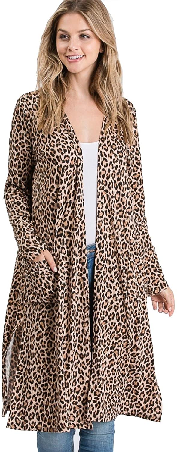 Upsoelle Animal Print Long Sleeve Kimono Cardigan Sweater with Pockets